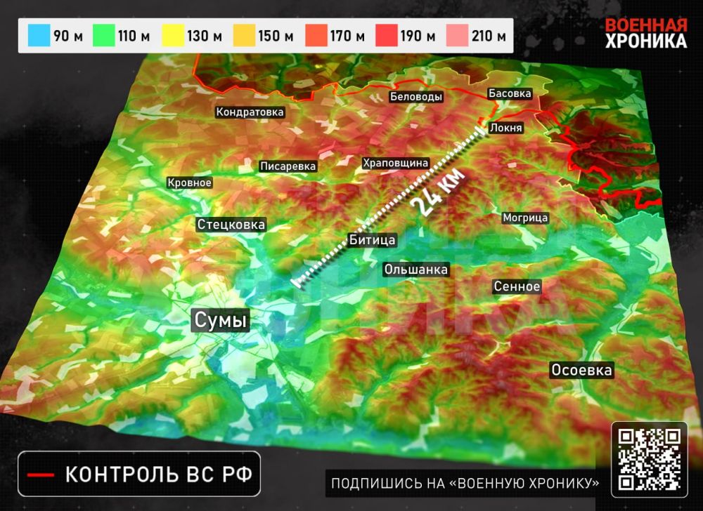 Сумская область.. Здесь важен не столько сам город, сколько окружающий его рельеф. Расстояние от позиций ВС РФ до окраин — 20 км с мелочью. По большому счёту, у РФ уже есть возможность повторить то же, что было с Волчанском....