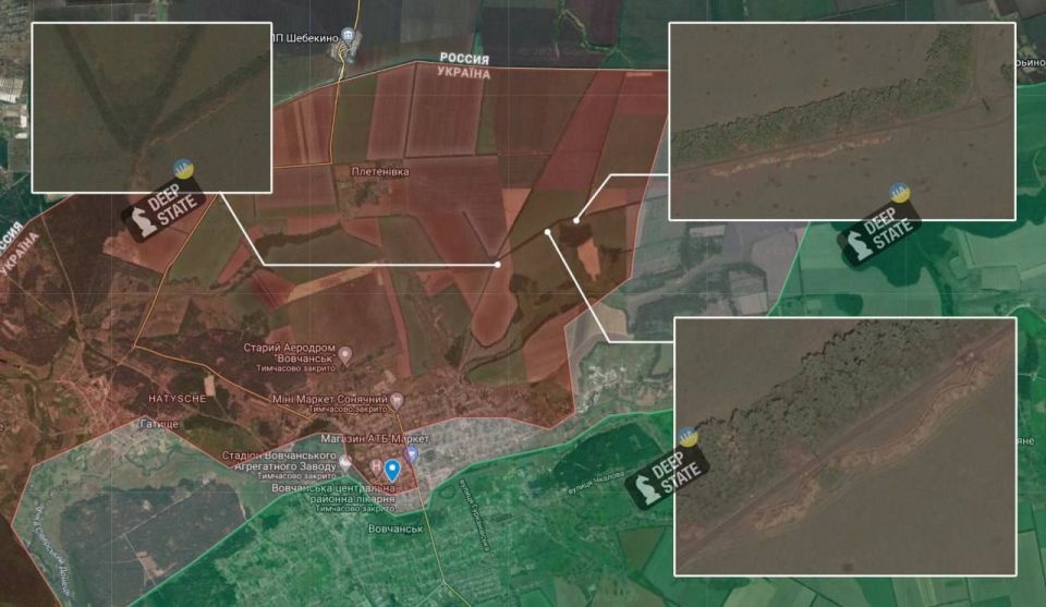 Украинский военный паблик Deep State, с прискорбием сообщает о том, что ВС РФ укрепляются в 2,7 км. на северо-восток от Волчанска