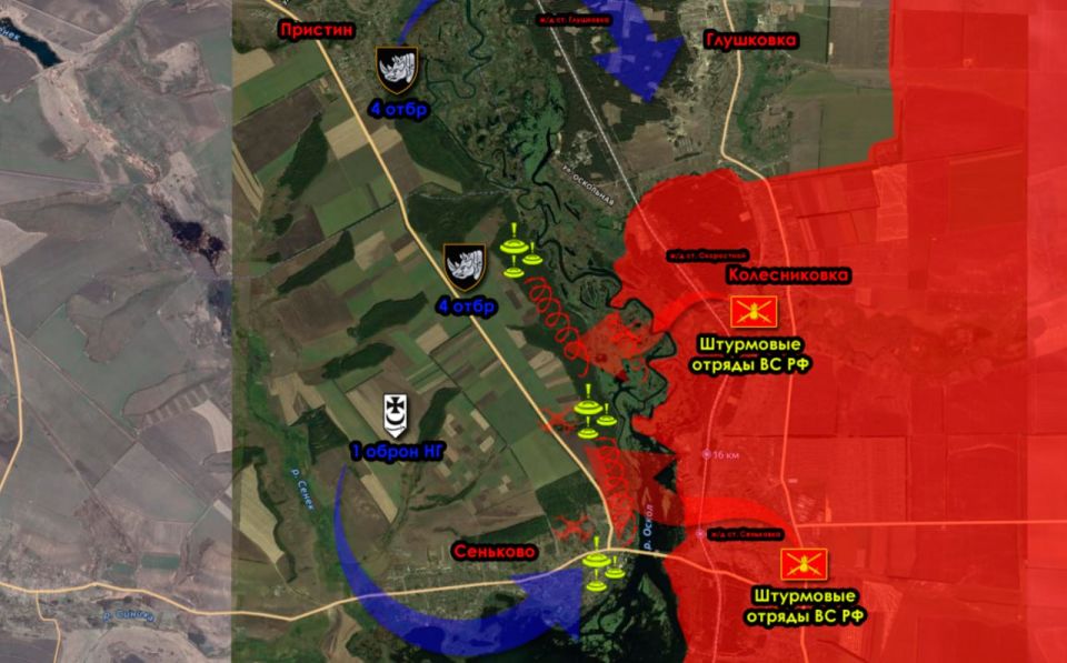 Российские войска несколько дней подряд применяют БПЛА для разминирования минных полей ВСУ на участке побережья Оскола между населёнными пунктами Пристин и Сеньково