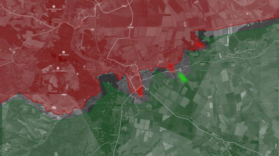 «На Харьковском направлении российские силы закрепились в западнее Волчанска. В частности, подразделения ВС РФ продвинулись восточнее населённого пункта Тихое и севернее Волчанских Хуторов»