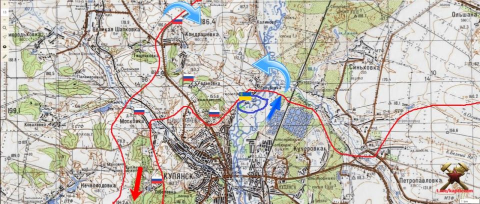 Охват Купянска. Противник сохраняет небольшое присутствие на западном берегу Оскола у Голубовки и пытается это использовать