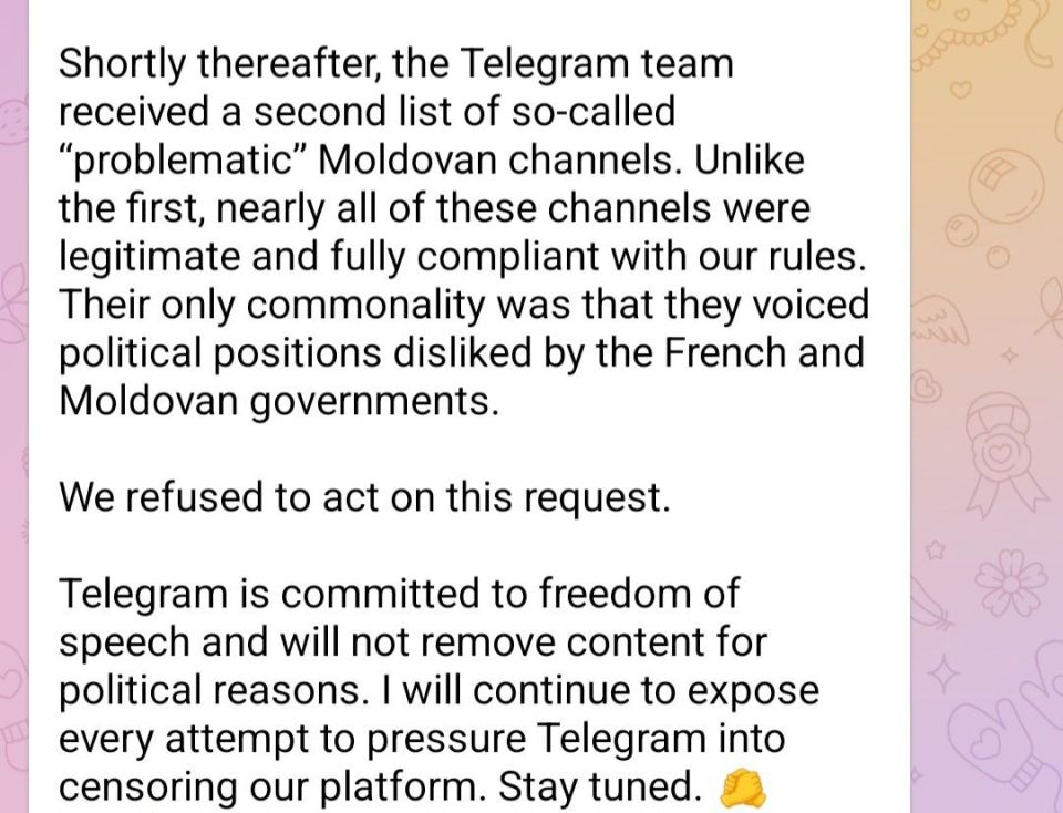 Павел Дуров рассказал о шантаже французских спецслужб, связанном с выборами в Молдавии Павел Дуров рассказал о шантаже французских спецслужб, связанном с выборами в Молдавии