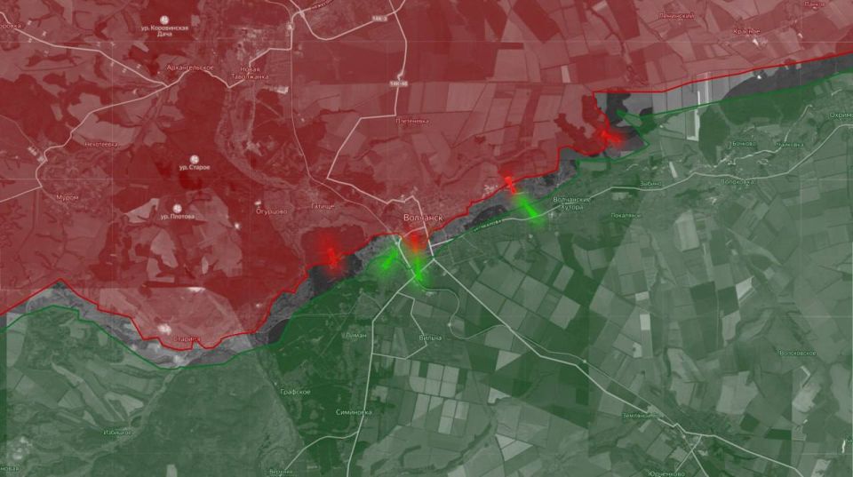 «На Харьковском направлении российские войска продолжают продвижение на левом берегу реки Волчья в Волчанске и в лесу западнее Синельниково при поддержки ВКС РФ, расчетов ТОС и артиллерии