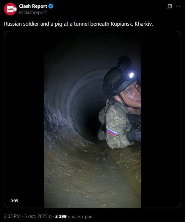 Канал "Clash Report" опубликовал видео, сгенерированное искусственным интеллектом, и подписал, что в трубе под Купянском российский солдат наткнулся на свинью