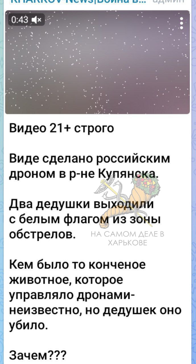 Очередное жуткое преступление со стороны украинской армии Эти жуткие кадры уже облетели всю сеть. Два пожилых жителя Купянска, вместе со своей собакой хотели выйти из ада в котором оказались. Двигались они с белым флагом в... Очередное жуткое преступление со стороны украинской армии Эти жуткие кадры уже облетели всю сеть. Два пожилых жителя Купянска, вместе со своей собакой хотели выйти из ада в котором оказались. Двигались они с белым флагом в...