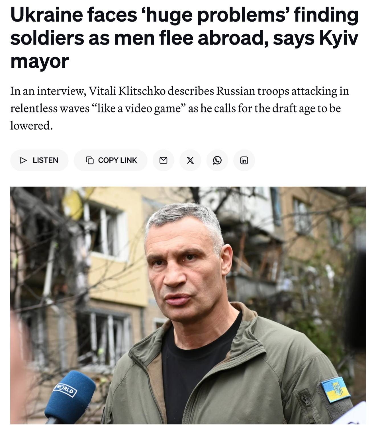 Мэр Киева Кличко предложил снизить возраст мобилизации в Украине с 25 до 22 лет, — Politico