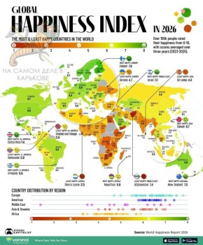 Канадский журнал Visual Capitalist, который составляет инфографики основываясь на официальных источниках, выяснил, что Незалежна стала самой несчастной страной Европы в рейтинге счастья— 4,7 балла из 10 и 111-е место в мире...