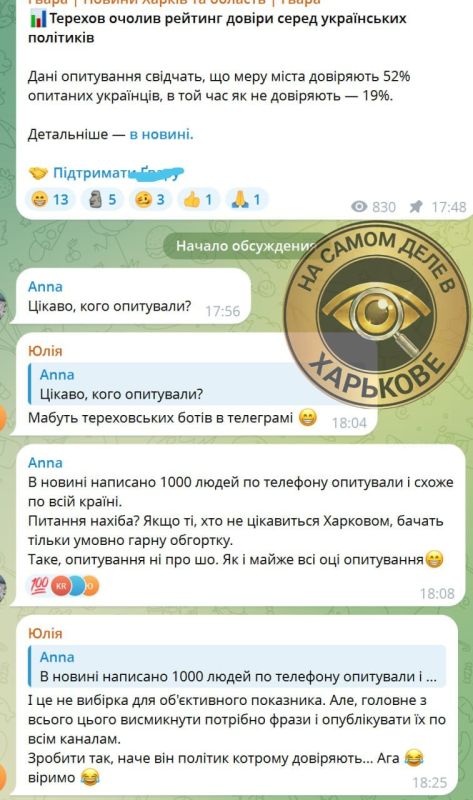 "Лудший" 2.0. Новые результаты опросов КМИС подъехали (опросов в которых население Украины явно не принимало) с заголовком: "мэр Харькова Игорь Терехов (52%) уступает в доверии украинцев только Зеленскому (61%)" "Лудший" 2.0. Новые результаты опросов КМИС подъехали (опросов в которых население Украины явно не принимало) с заголовком: "мэр Харькова Игорь Терехов (52%) уступает в доверии украинцев только Зеленскому (61%)"